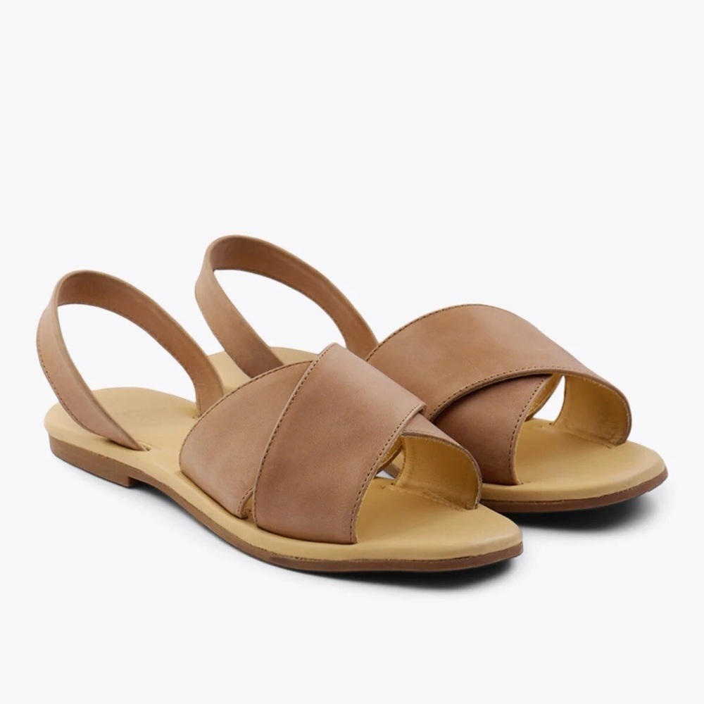 Nisolo Light Brown All Day Leather Cross Strap Sandals Shoes Almond Size 8.5